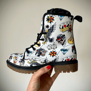 Lucky Dice Retro Tattoo White Unisex Combat Boots by Love Hype and Glory