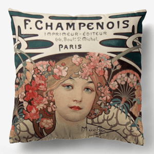 Back of Alphonse Mucha Art Nouveau Reversible Cushion and pad 18”