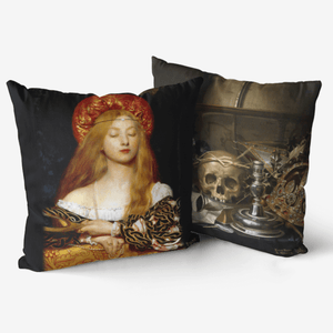 Front and back of Vanity Pre Raphaelites Reversible Cushion and pad 18x18” by Love Hype and Glory