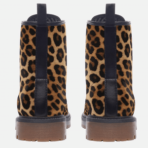 Back view of Leopard Print Unisex Lace Up Combat Ankle Boots by Love Hype and Glory
