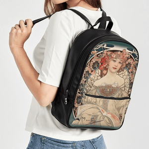 Alphonse Mucha Art Nouveau Classic Faux Leather Backpack side view by Love Hype and Glory