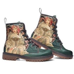 Unisex Combat Boots featuring iconic Alphonse Mucha Champenois design