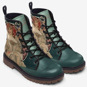 Unisex Combat Boots featuring iconic Alphonse Mucha Champenois design