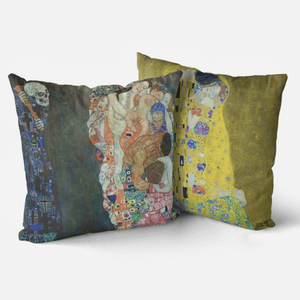 Front and back of Klimt Kiss and Life 2-in-1 Reversible Cushion and pad 18”