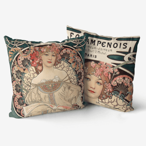 Front and back of Alphonse Mucha Art Nouveau Reversible Cushion and pad 18”