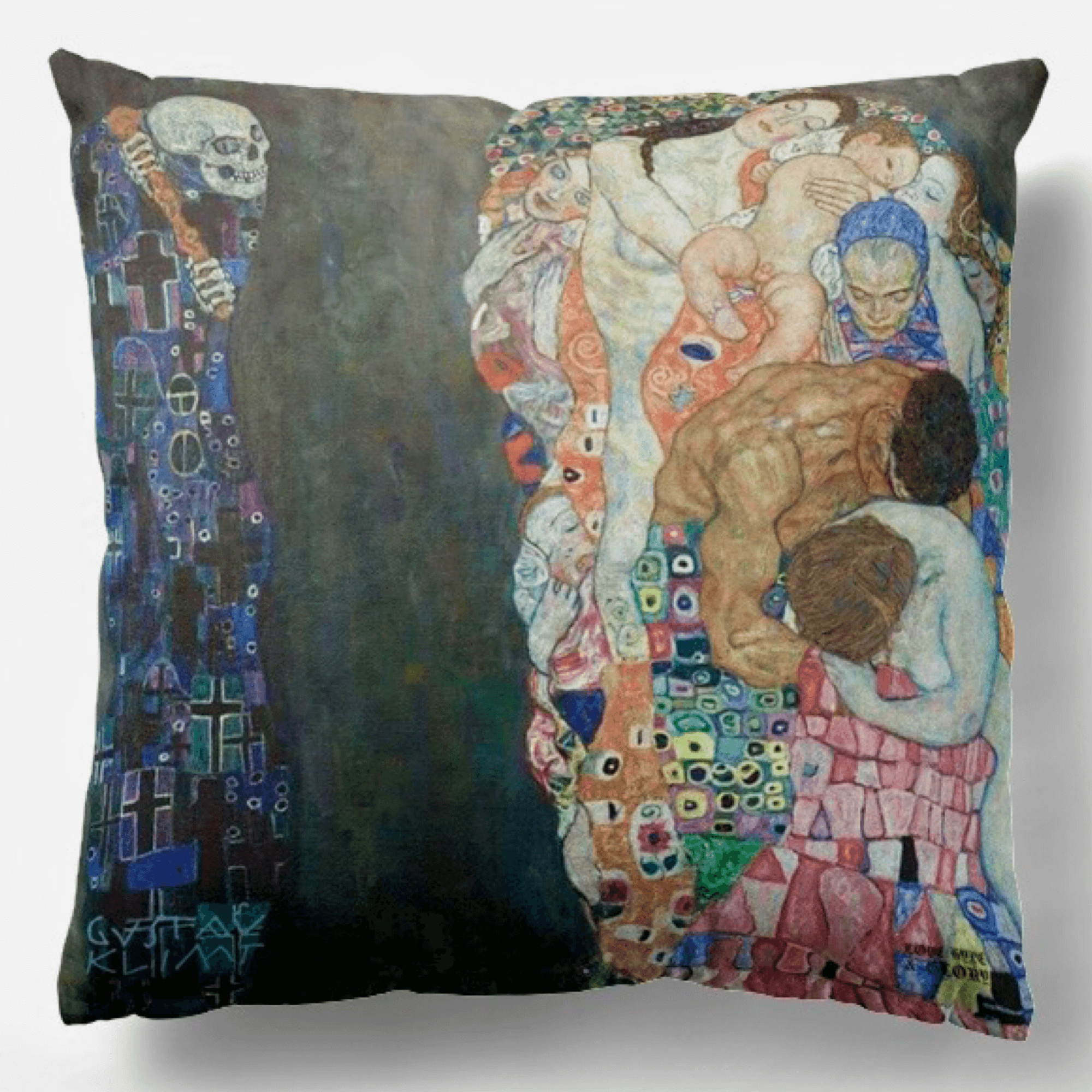Front of Klimt Kiss and Life 2-in-1 Reversible Cushion and pad 18”
