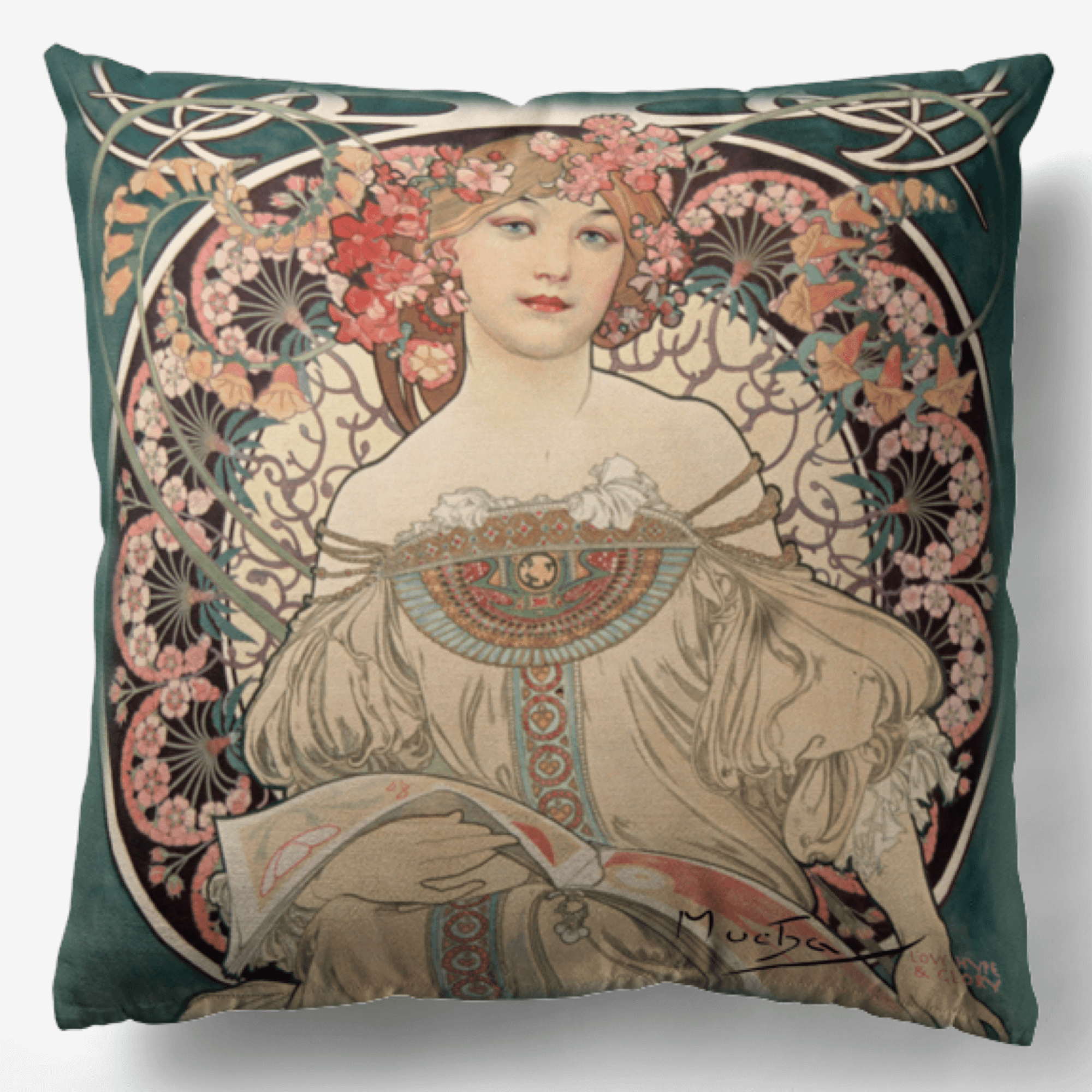 Front of Alphonse Mucha Art Nouveau Reversible Cushion and pad 18”
