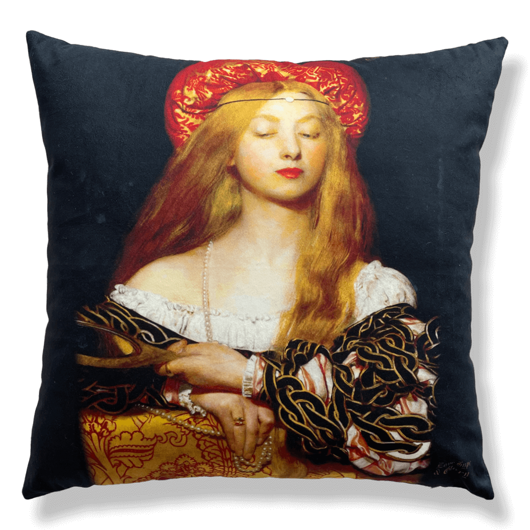 Front of Vanity Pre Raphaelites Reversible Cushion and pad 18x18” by Love Hype and Glory