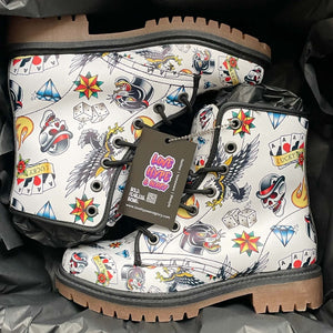 Lucky Dice Retro Tattoo White Unisex Combat Boots by Love Hype and Glory