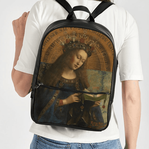 Model wearing a Jan van Eyck Ghent Wearable Art Classic Backpack by Love Hype and Glory