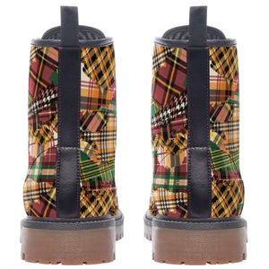 Back view of Patchwork Plaid Tartan Unisex Combat Ankle Boots by Love Hype and Glory