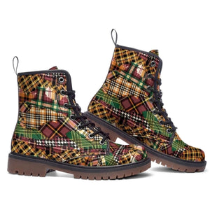 Side view of Patchwork Plaid Tartan Unisex Combat Ankle Boots by Love Hype and Glory