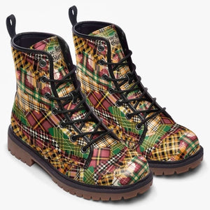 Top view of Patchwork Plaid Tartan Unisex Combat Ankle Boots by Love Hype and Glory