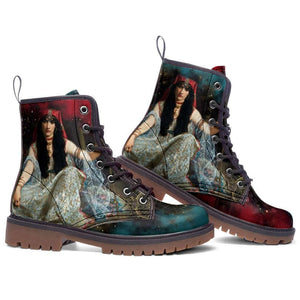 Side view of the The Sorceress Triple Moon Goddess Unisex Combat Boots by Love Hype and Glory
