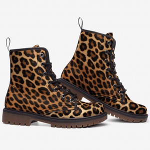 Side view of Leopard Print Unisex Lace Up Combat Ankle Boots by Love Hype and Glory