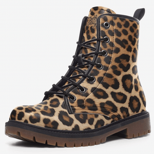 Single boot view of Leopard Print Unisex Lace Up Combat Ankle Boots by Love Hype and Glory