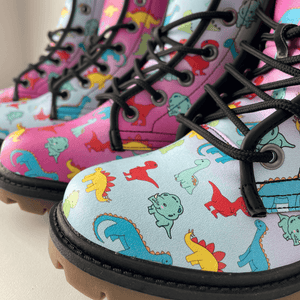 Detail of unisex vegan friendly Dinosaur boots by Love Hype and Glory
