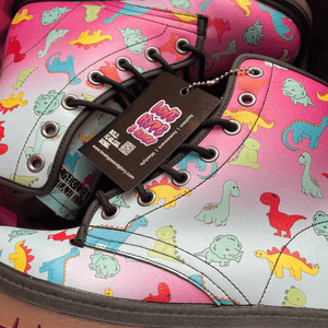 Close up of unisex vegan friendly Dinosaur boots by Love Hype and Glory