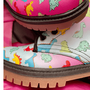 Toe detail of unisex vegan friendly Dinosaur boots by Love Hype and Glory