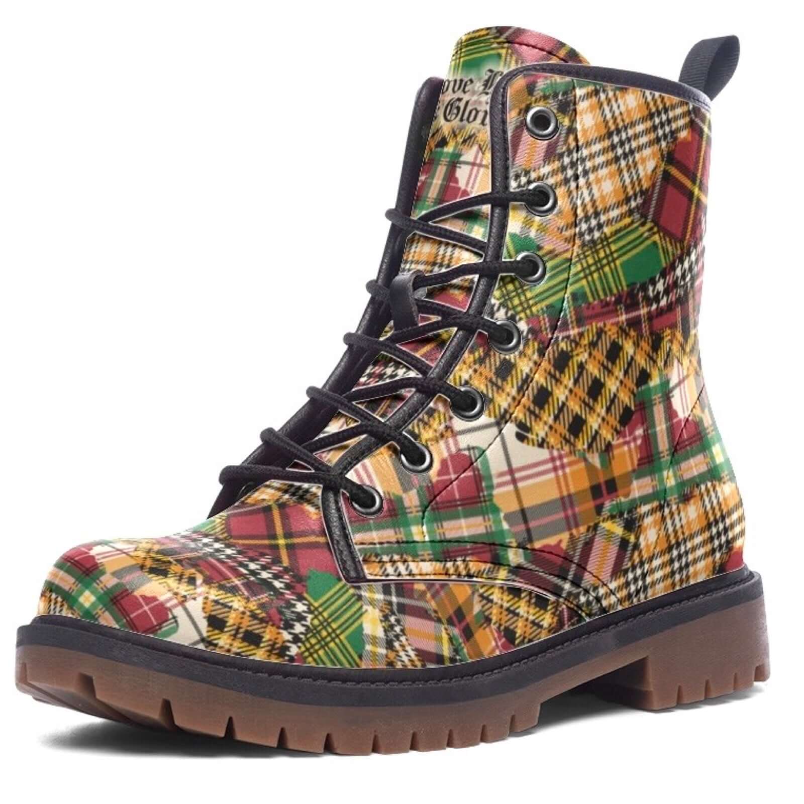 Single Patchwork Plaid Tartan Unisex Combat Ankle Boot by Love Hype and Glory