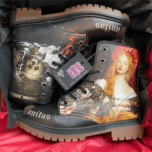 Omnia Vanitas Pre Raphaelites Mismatch boots by Love Hype and Glory