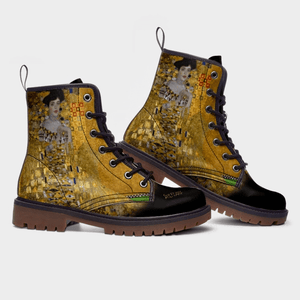 Gustav Klimt's Woman in Gold on unisex black comabat boots by Love Hype and glory 
