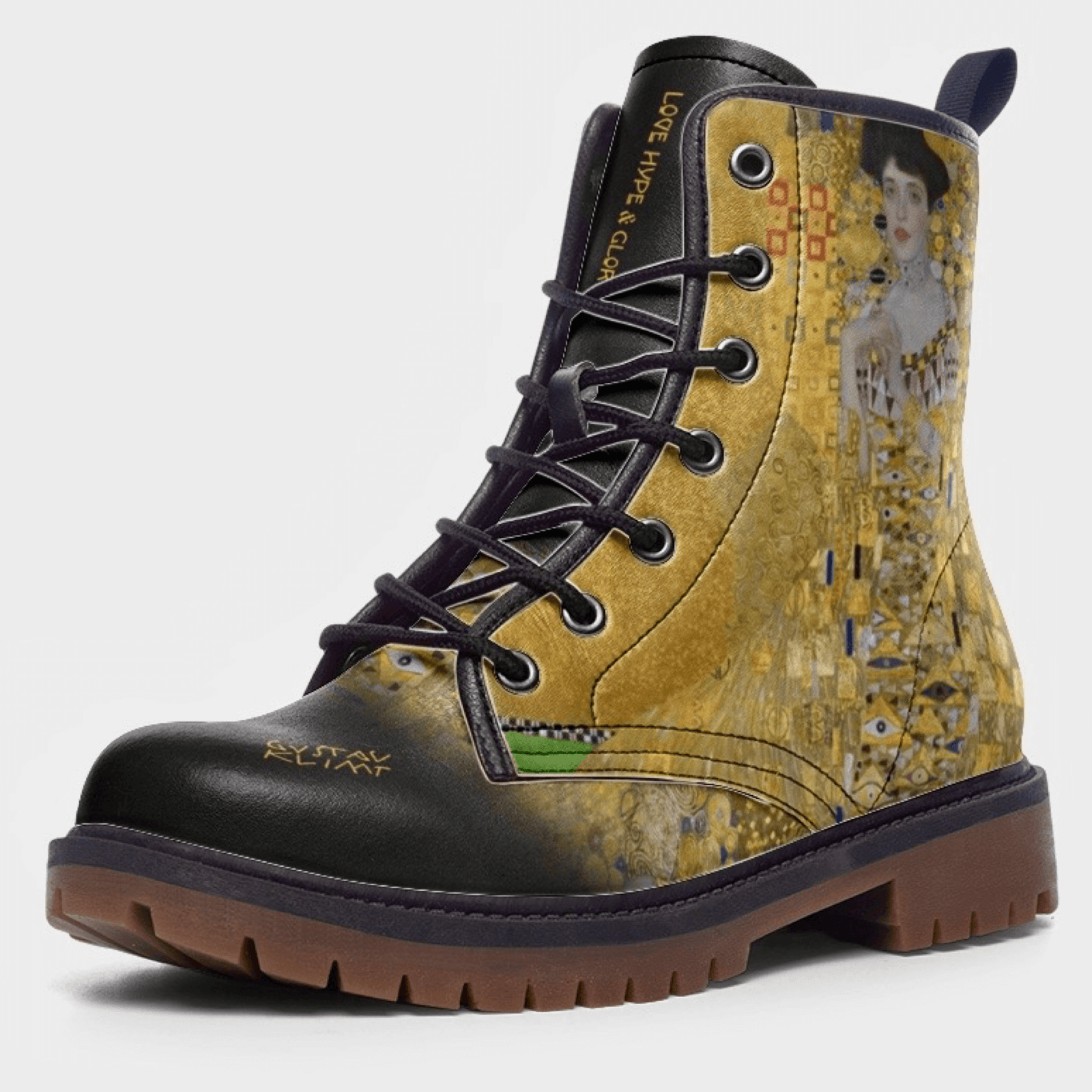 Gustav Klimt's Woman in Gold on unisex black comabat boots by Love Hype and glory 