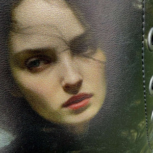 Close-up of Cathy from a pair of Bronte Wuthering Heights Cathy and Heathcliff mismatched boots. 