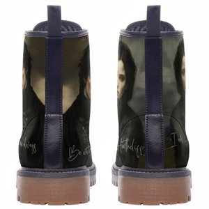 Back of Bronte Wuthering Heights mismatched boots featuring Heathcliff and Cathy with signatures on toe.