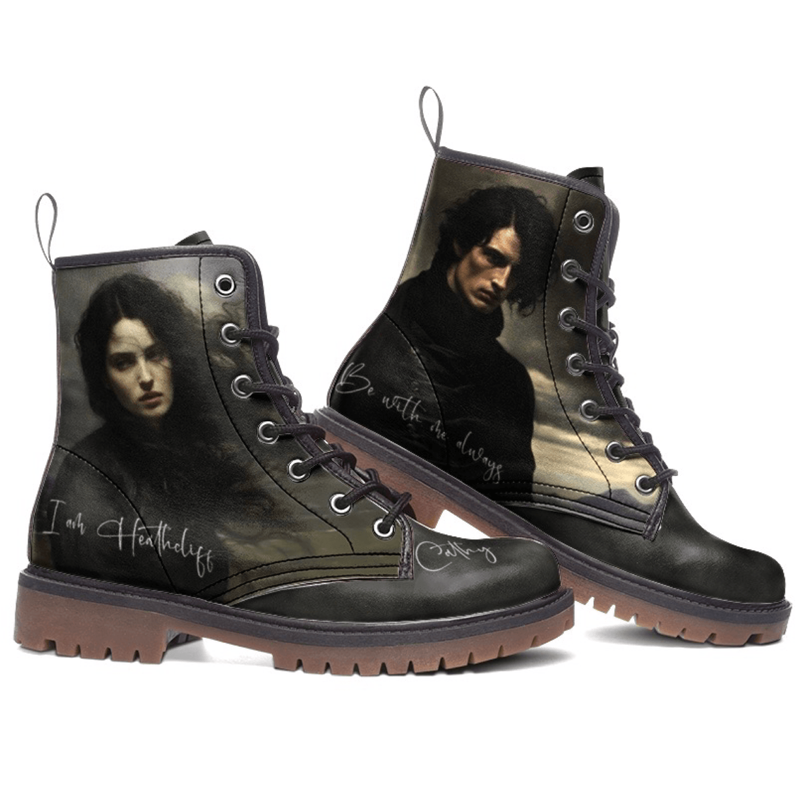Mismatched Bronte Wuthering Heights boots with Cathy and Heathcliff printed faces and names on a white background