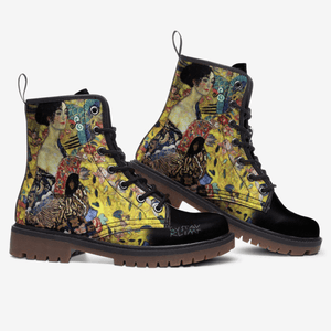 Gustav Klimt Lady with a Fan on unisex black combat boots by Love Hype and Glory