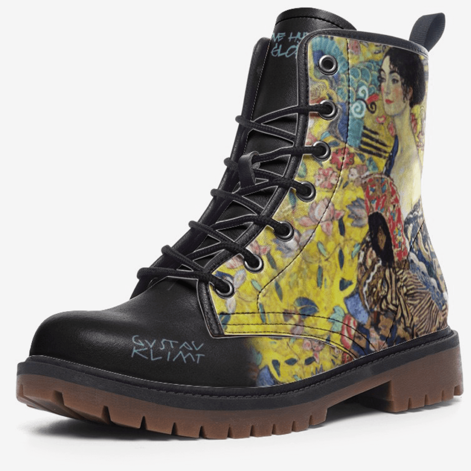 Gustav Klimt Lady with a Fan on unisex black combat boots by Love Hype and Glory