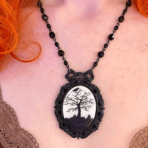 Haunted Tree Black Necklace with Black Jet Glass Beads 17 in chain Classic Hardware from Love Hype and Glory